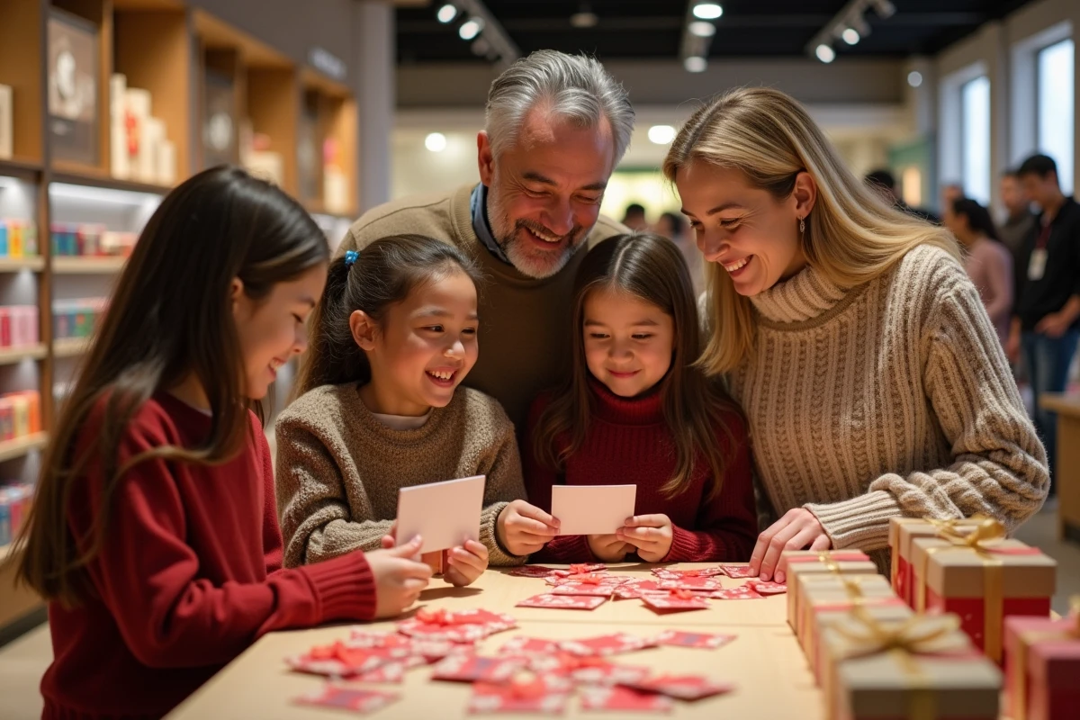 Famille heureuse choisissant des cartes cadeaux dans un grand magasin