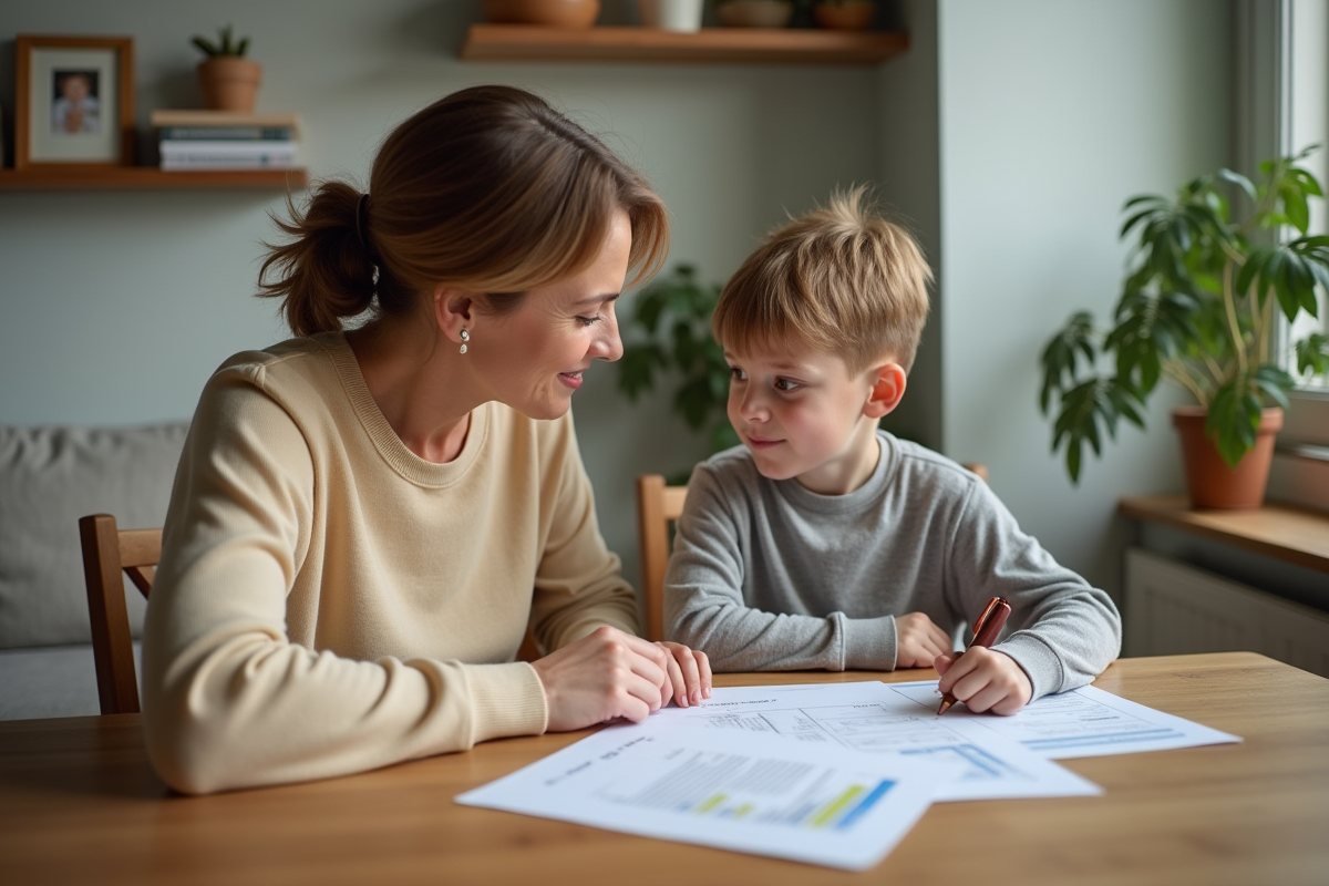 Femme et adolescent examinant un contrat d'assurance à la maison