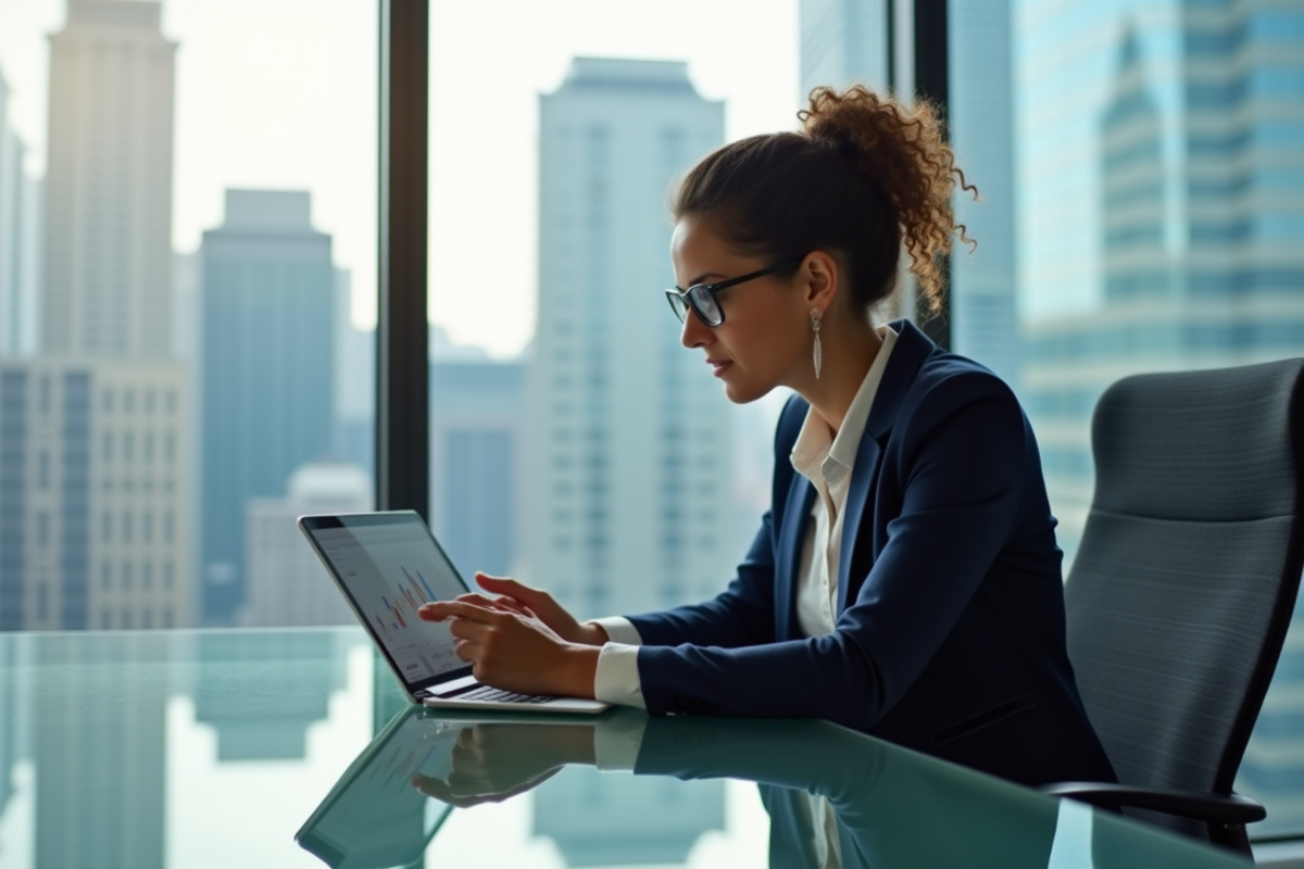 Femme d'affaires analysant des graphiques financiers sur une tablette