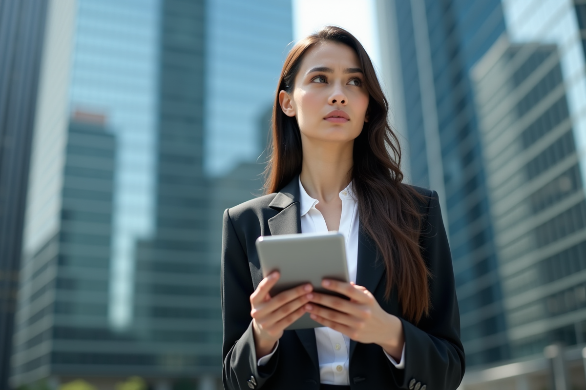 Femme d'affaires inquiète devant une banque moderne