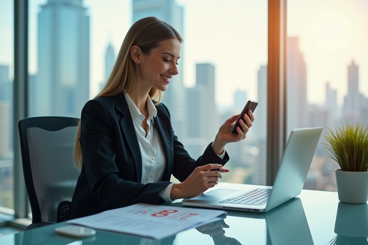 Femme d'affaires moderne avec smartphone et graphique financier