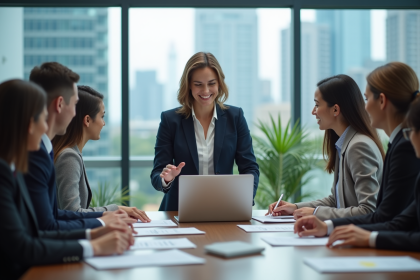 Femme d'affaires souriante lors d'une réunion en salle moderne