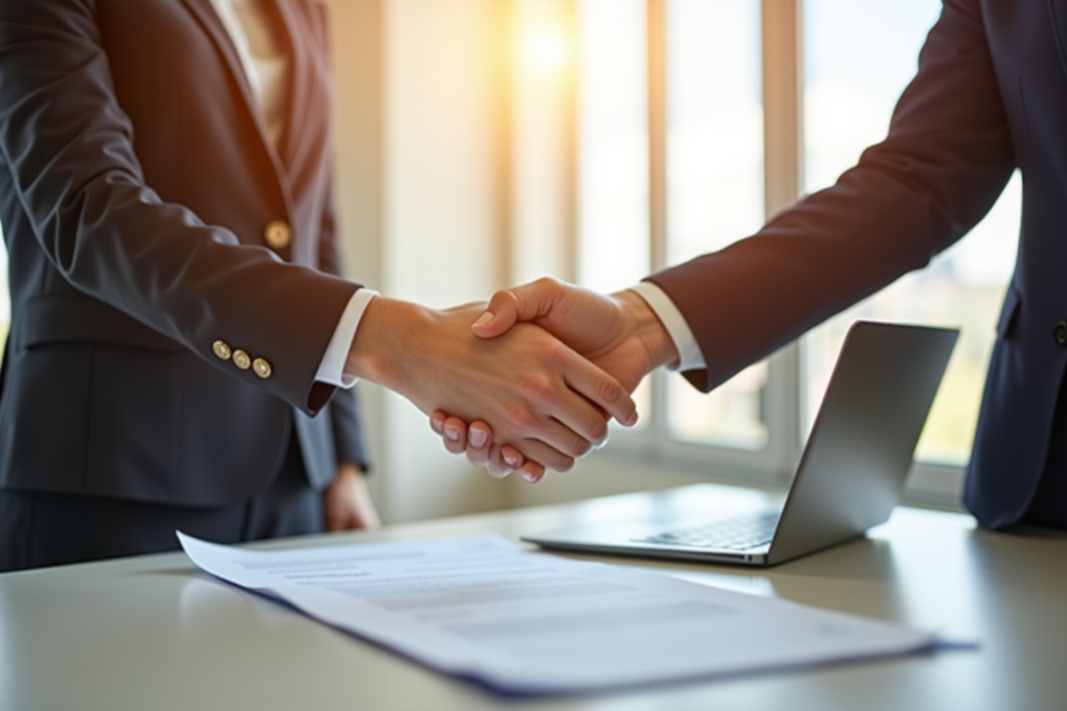 Femme d'affaires serrant la main d'un investisseur dans un bureau lumineux