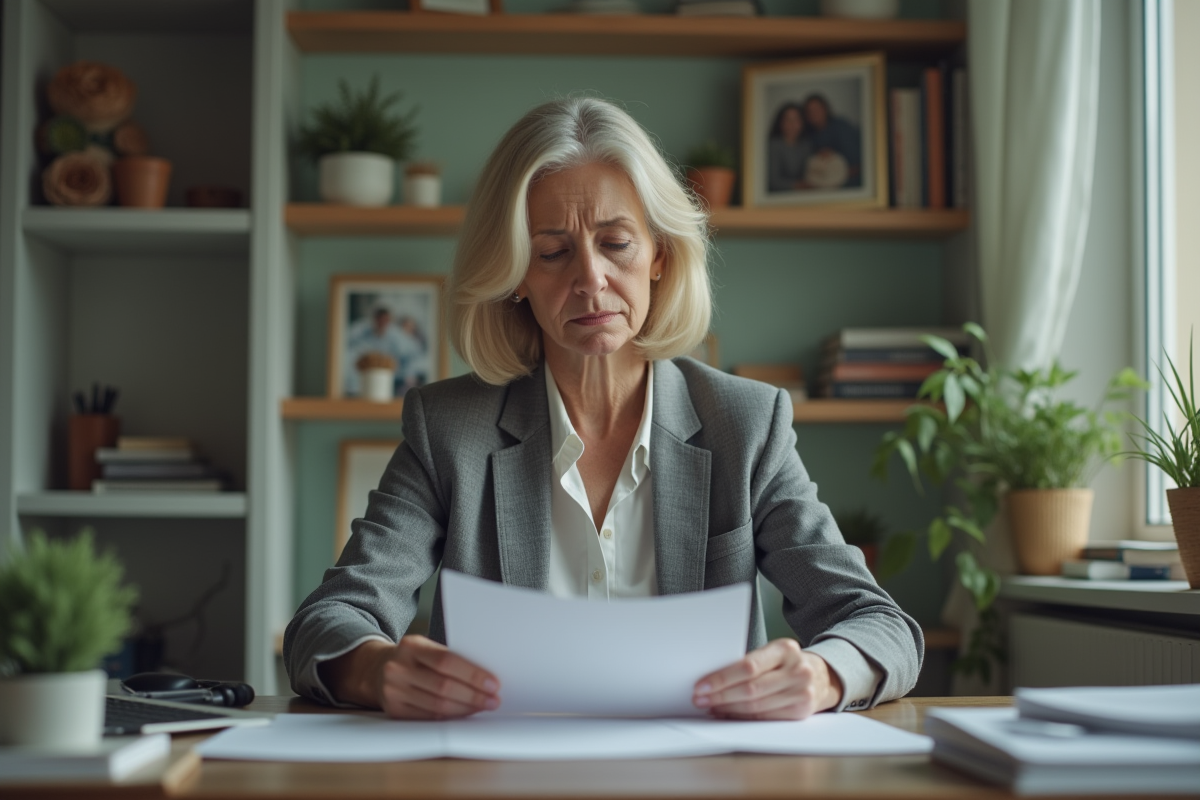 Femme d affaires regardant des documents dans son bureau