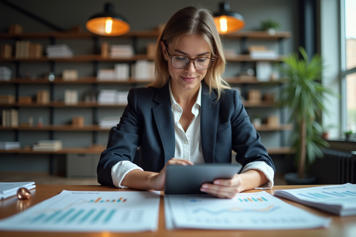 Jeune femme analysant des graphiques de cuivre au bureau