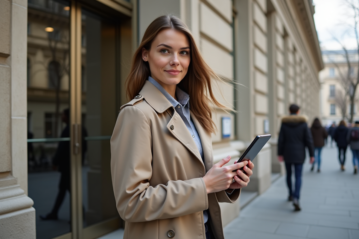 Jeune femme en trench attend devant un bâtiment administratif français