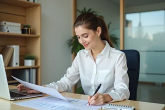 Femme concentrée vérifiant des calculs dans un bureau lumineux