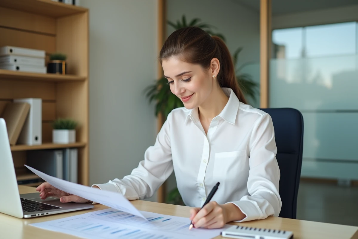 Femme concentrée vérifiant des calculs dans un bureau lumineux