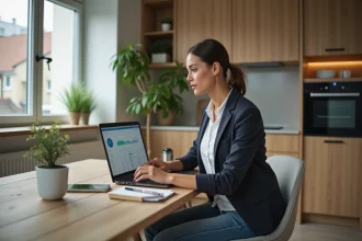 Femme concentrée sur son ordinateur avec tableau financier
