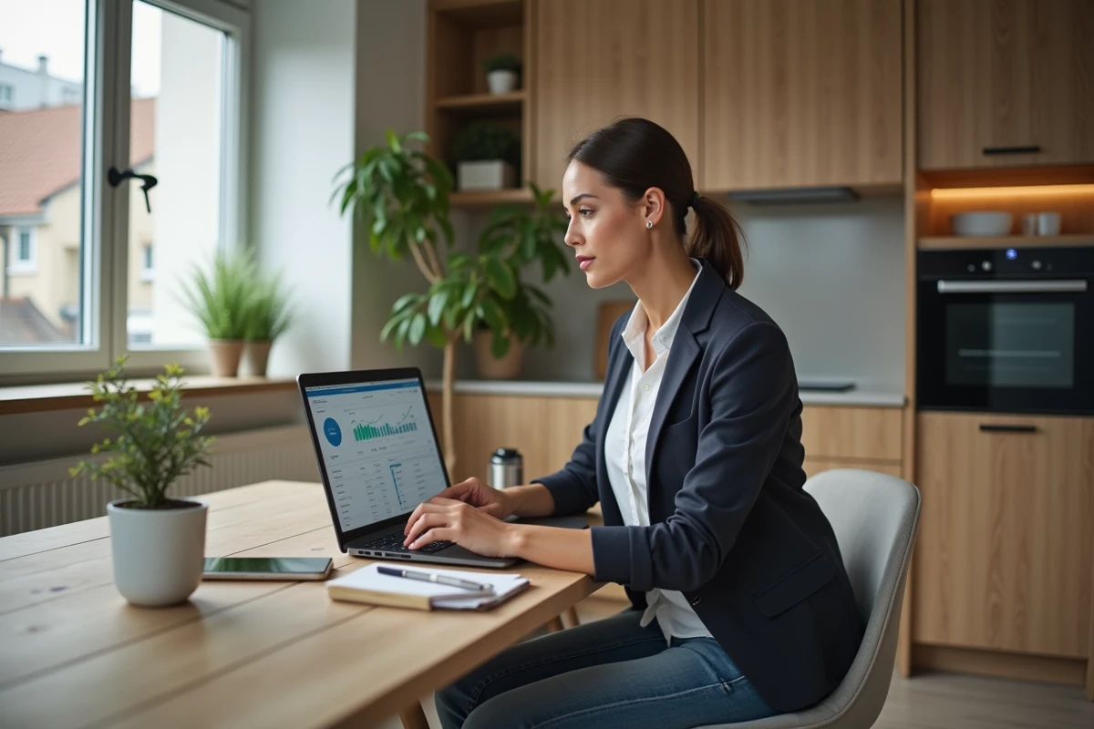 Femme concentrée sur son ordinateur avec tableau financier