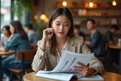 Femme en business casual dans un café moderne