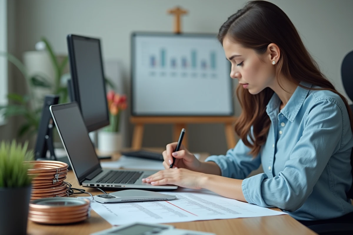 Jeune femme en bureau saisissant des résultats de câbles cuivre