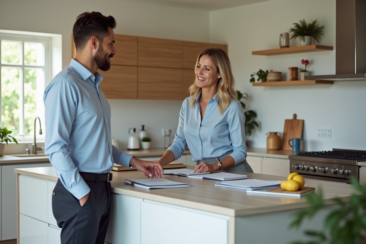 Femme discutant avec un conseiller financier dans une cuisine lumineuse