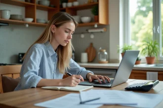 Jeune femme en cuisine compare des colonnes de chiffres