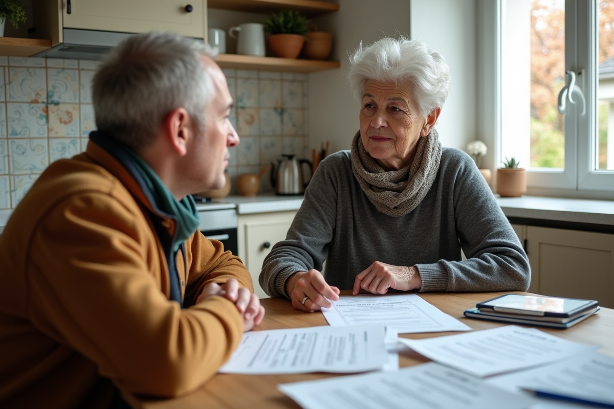 Femme senior discutant avec un entrepreneur dans la cuisine
