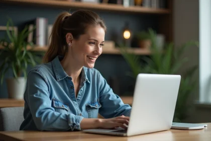 Femme en denim échangeant des devises dans un bureau moderne