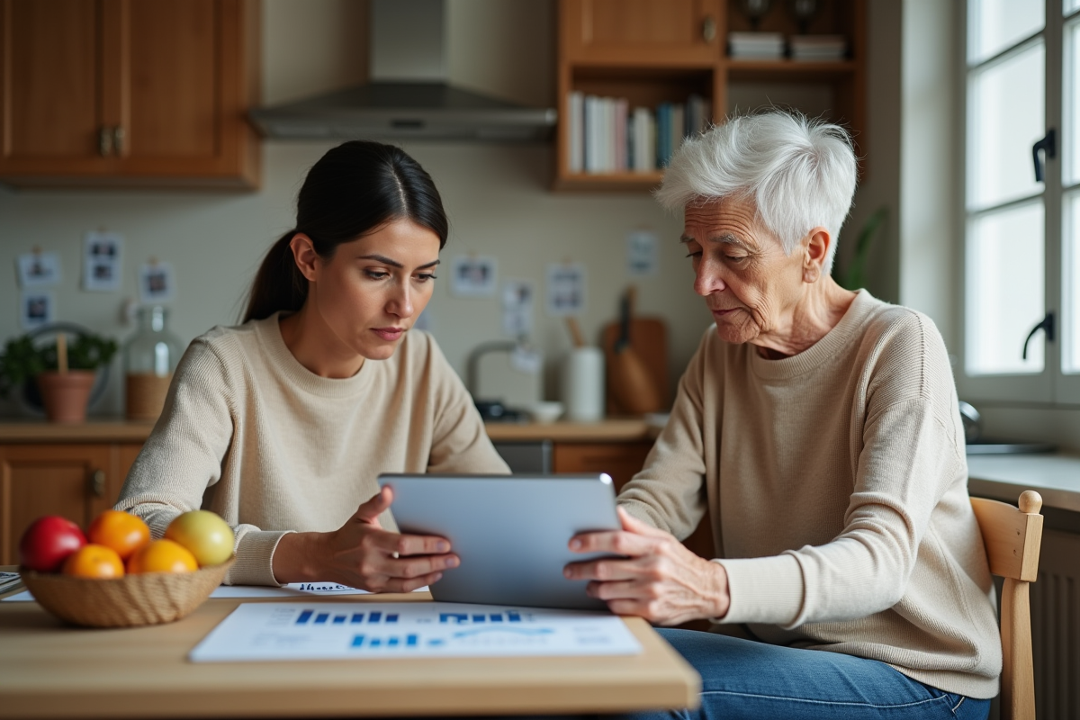 Femme et mère regardent un tableau financier sur une tablette