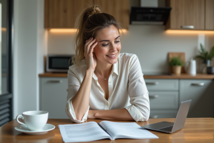 Femme en cuisine moderne examinant des papiers financiers