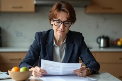 Femme d'âge moyen examinant des documents fiscaux à la maison