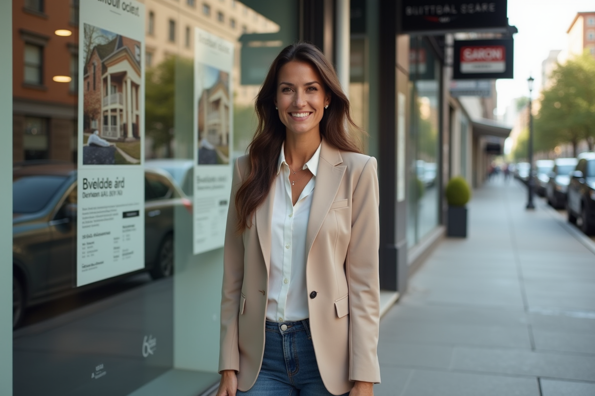 Femme souriante devant une agence immobiliere en ville