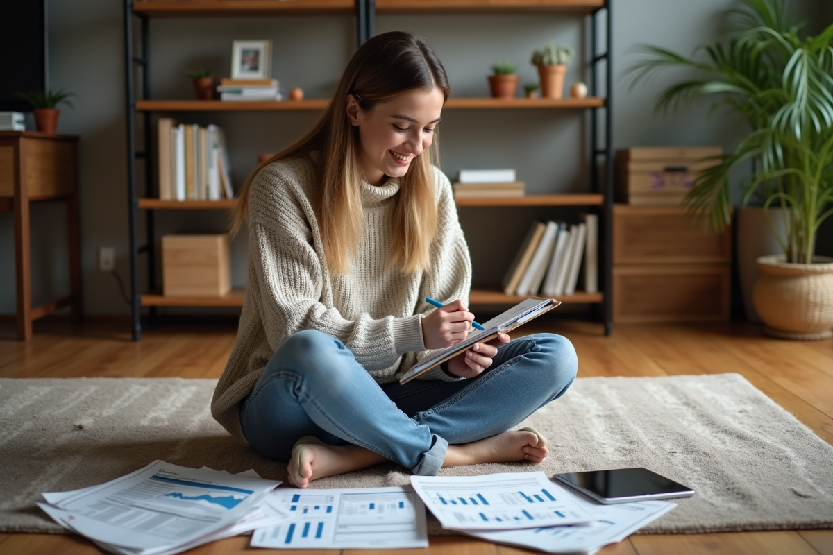 Jeune femme prenant des notes sur ses investissements à la maison