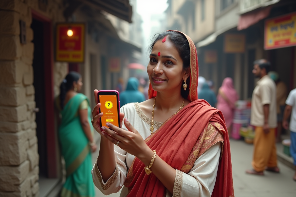 Femme indienne dans un marché tenant son smartphone avec un graphique Pepe coin