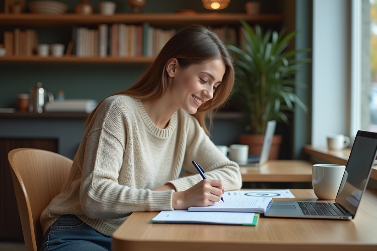 Jeune femme note dans un planner au café