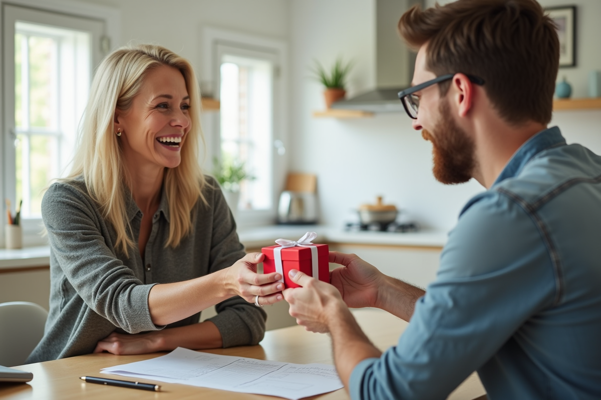 Femme souriante offrant un petit cadeau à un jeune homme dans la cuisine