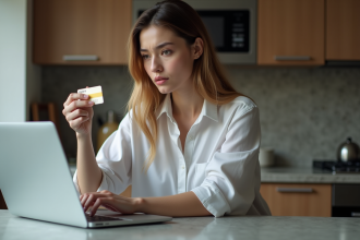 Jeune femme regardant son ordinateur avec une carte de crédit