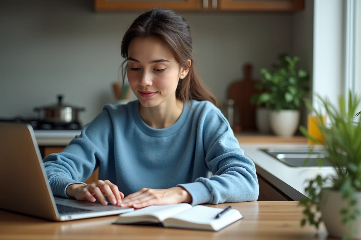 Femme concentrée à son ordinateur dans une cuisine chaleureuse