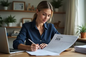 Femme examine un calendrier invalidite 2026 dans son bureau