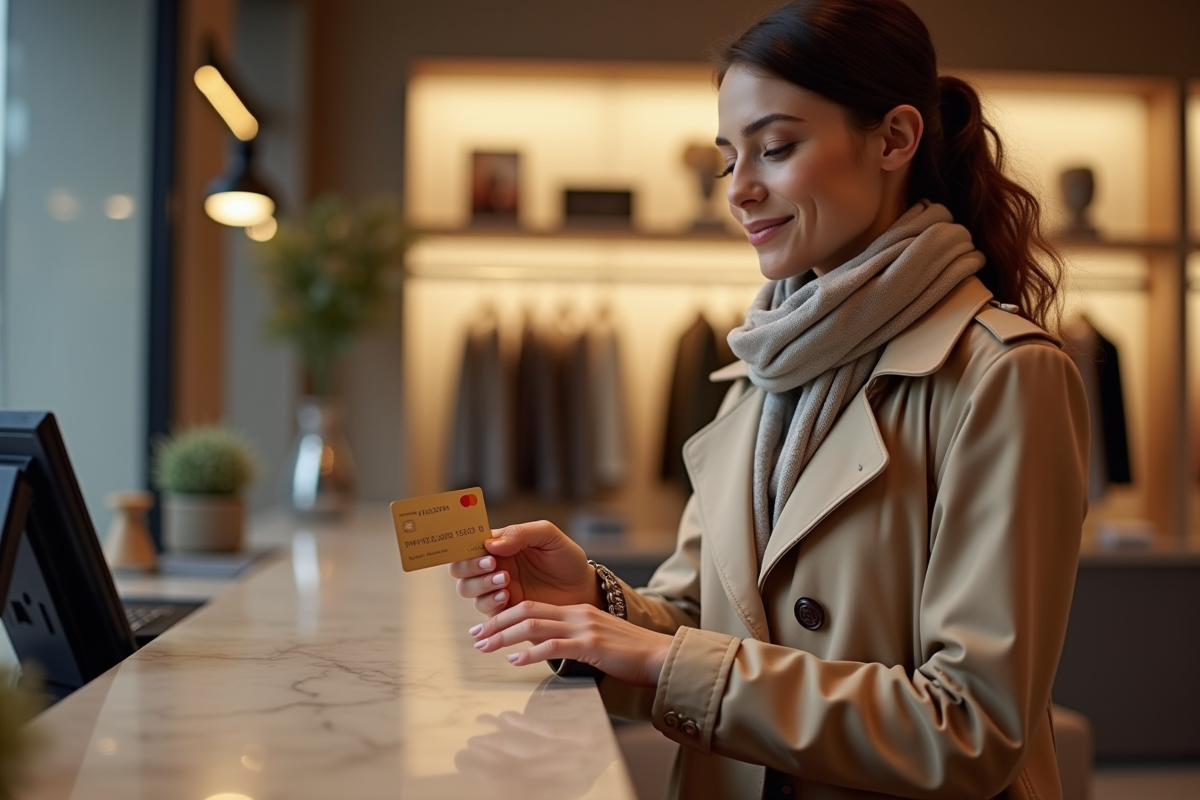 Femme utilisant une carte contactless dans une boutique élégante