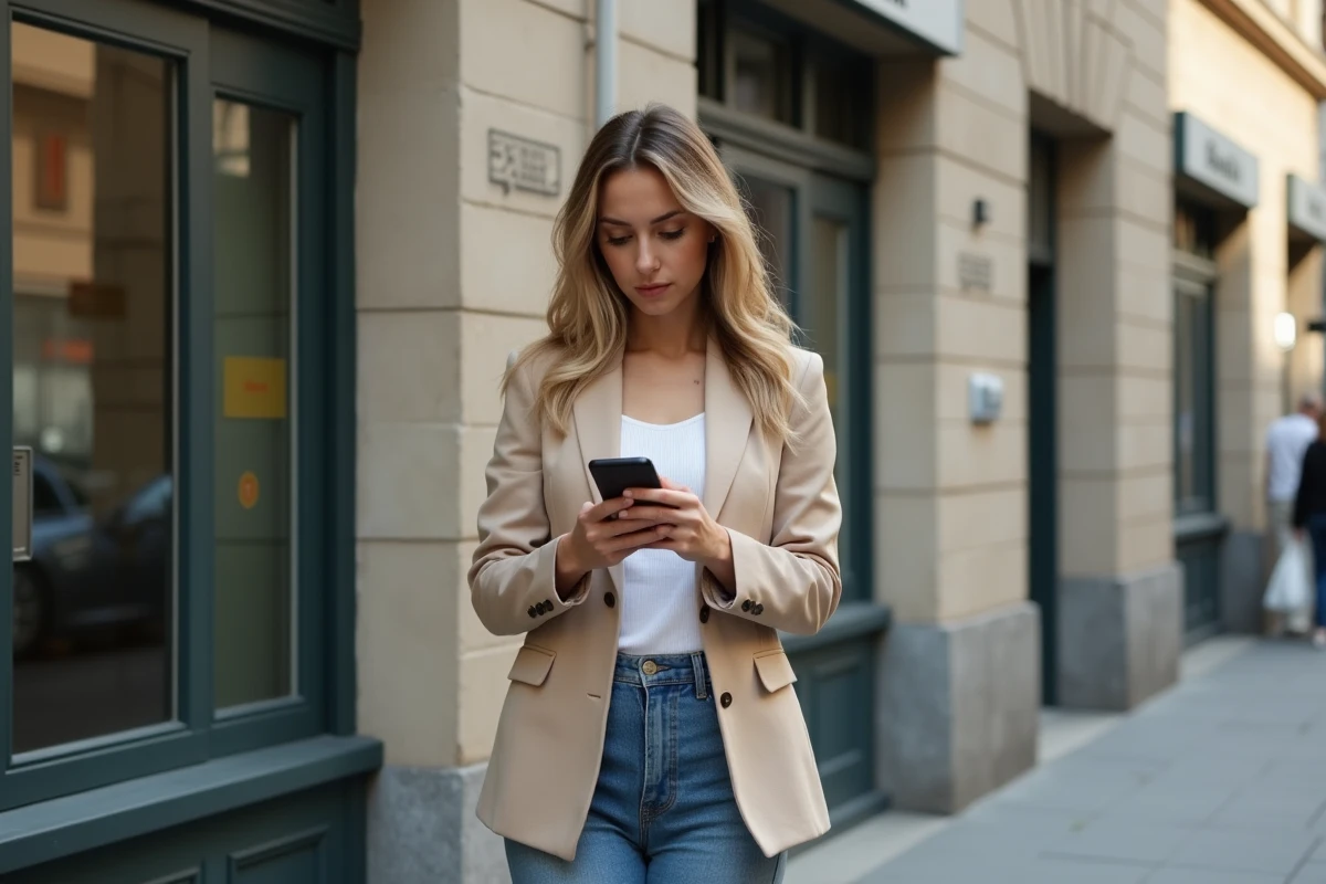 Jeune femme vérifiant son portefeuille de cryptomonnaie sur smartphone