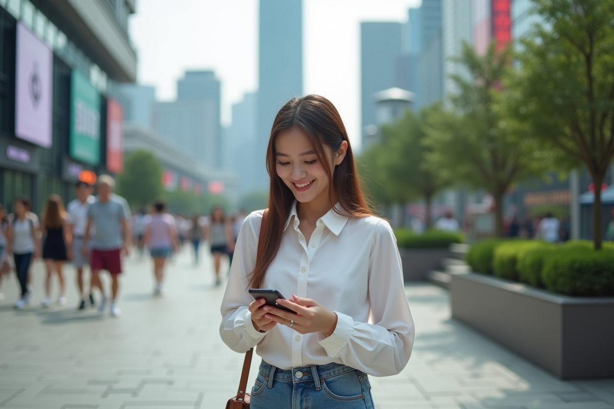 Jeune femme scannant un QR code Bitcoin dans une place de Shanghai