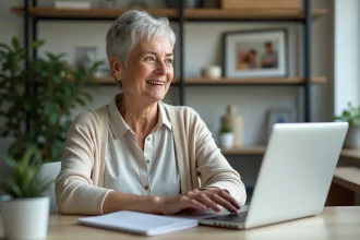 Femme retraitée souriante utilisant un ordinateur portable dans son bureau