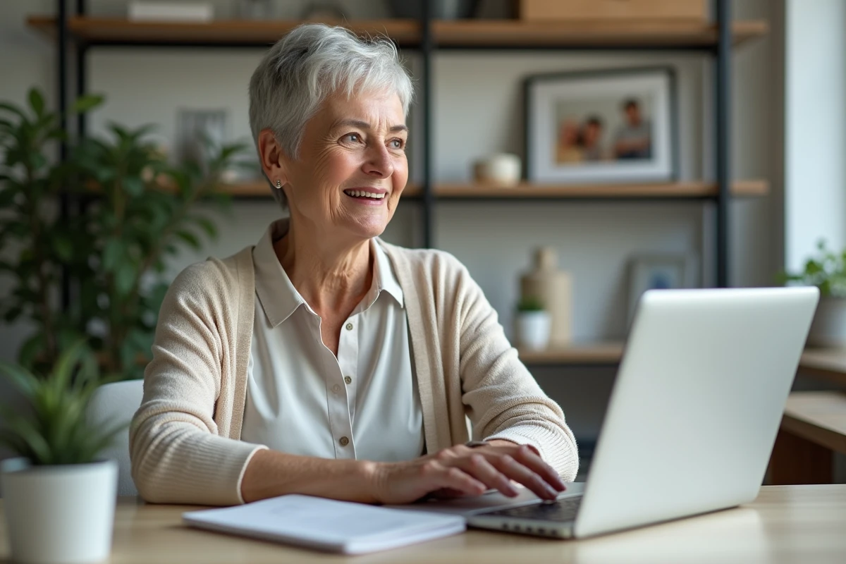 Femme retraitée souriante utilisant un ordinateur portable dans son bureau