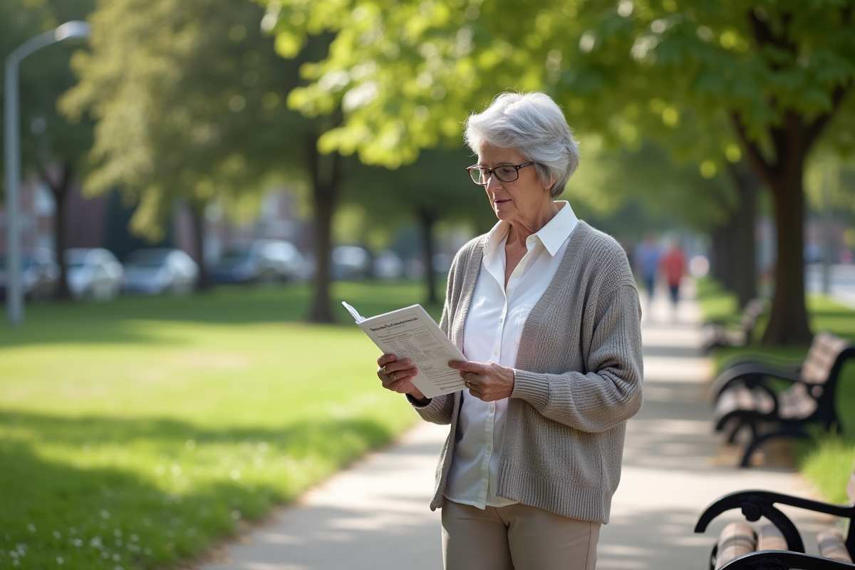 Femme de 67 ans lit une brochure retraite dans un parc