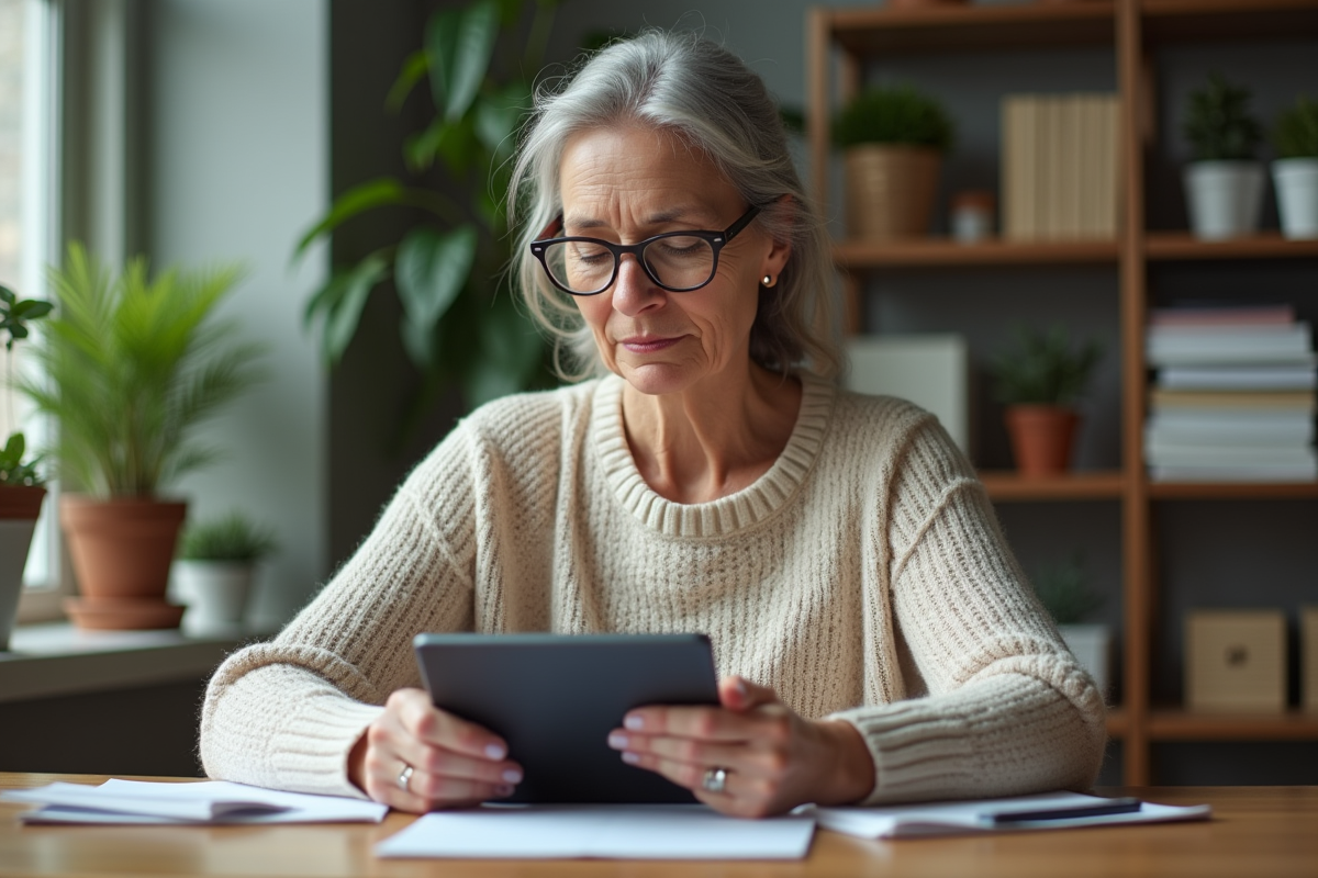 Femme retraitée utilisant une tablette dans un intérieur calme