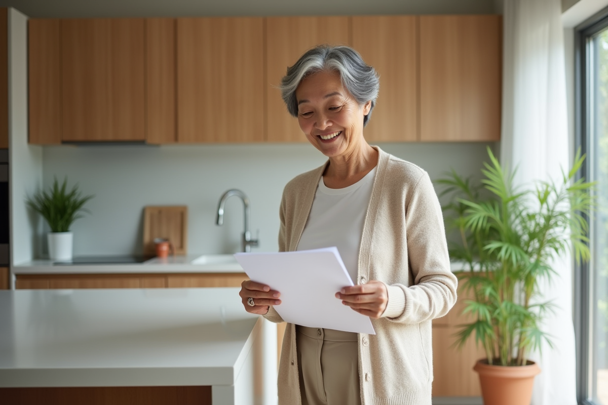 Femme retraitée dans la cuisine moderne et lumineuse