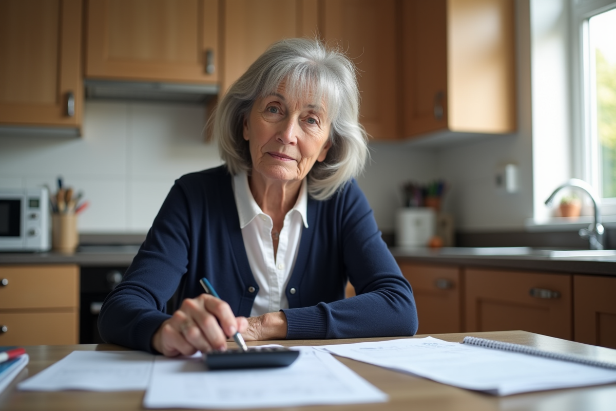 Femme retraitée examinant documents de pension à la maison