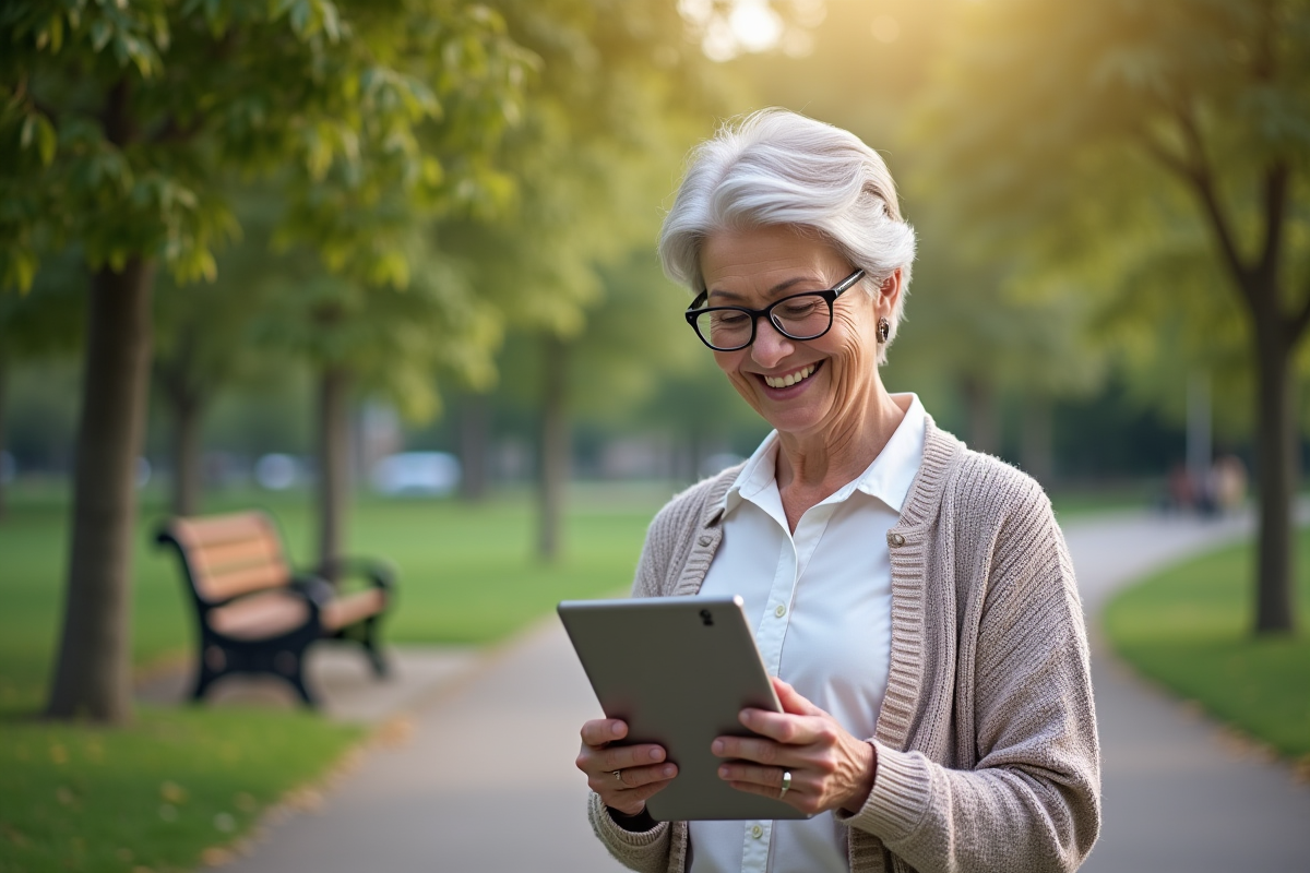Femme senior souriante utilisant une tablette dans un parc calme
