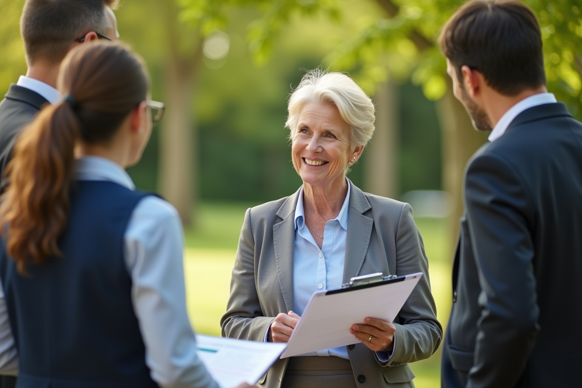 Femme senior rencontrant une équipe de professionnels en extérieur