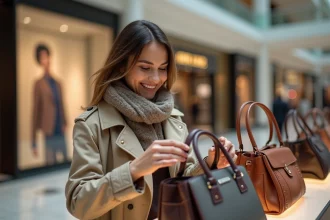 Femme souriante examine des sacs à la mode dans un centre commercial