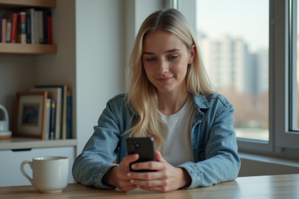 Jeune femme souriante utilisant son smartphone dans la cuisine