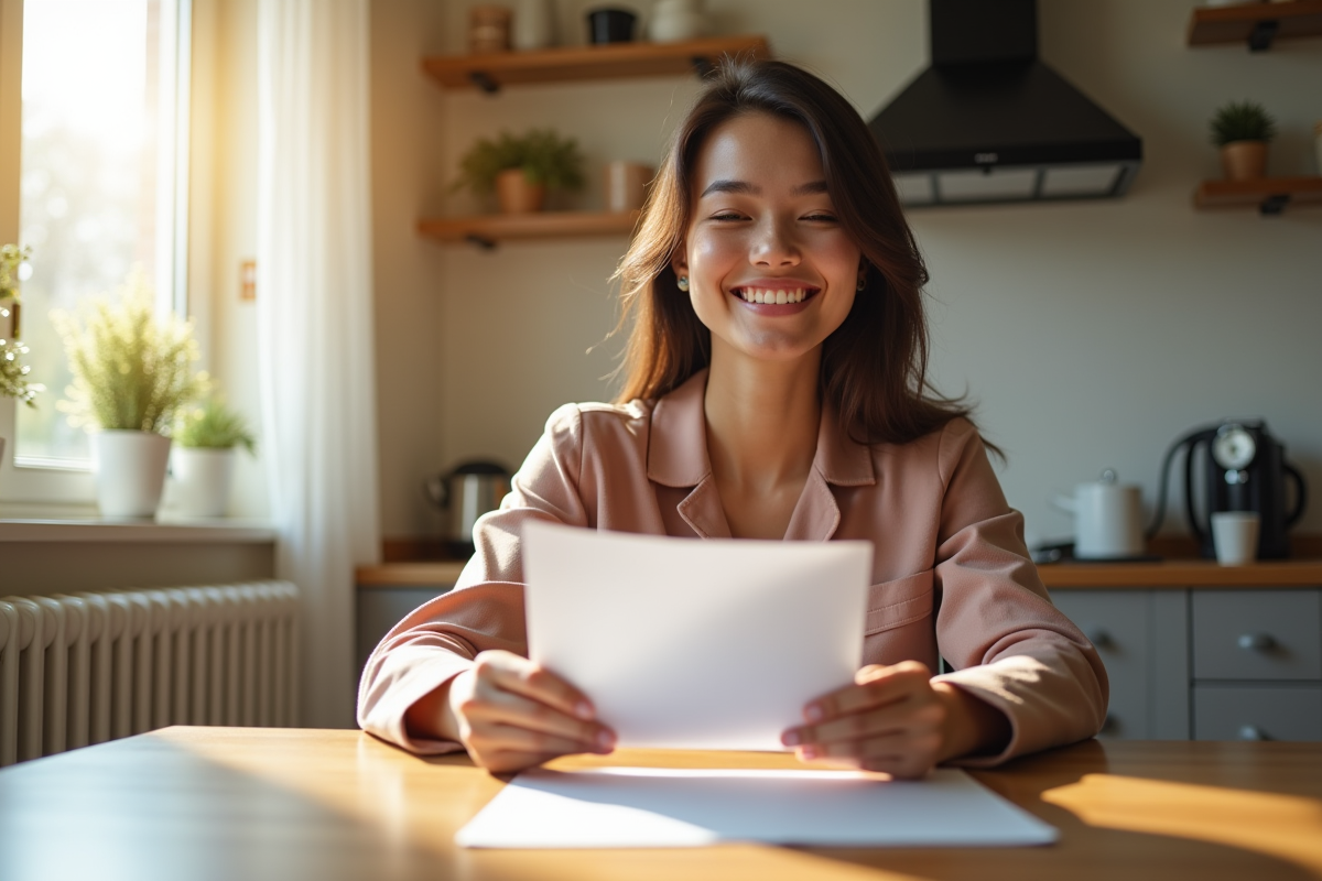 Jeune femme souriante lisant une lettre d'aide financière