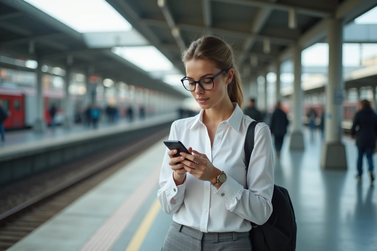 Jeune femme vérifiant ses finances à la gare