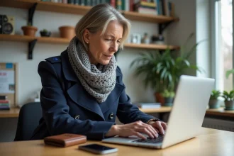 Femme en trench et foulard travaillant sur son ordinateur dans un bureau