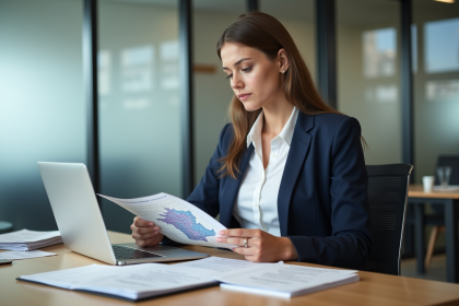 Jeune femme en bureau examinant une carte de France