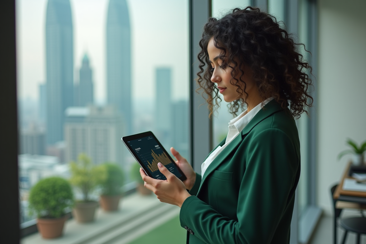 Jeune femme avec tablette dans un espace de travail urbain