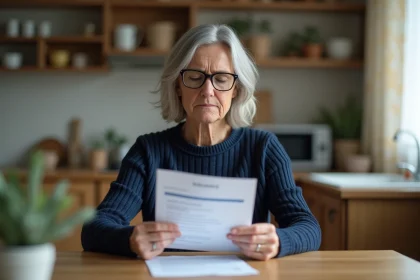 Femme vérifiant un contrat d'assurance karapasse courtage sur papier à la table de cuisine